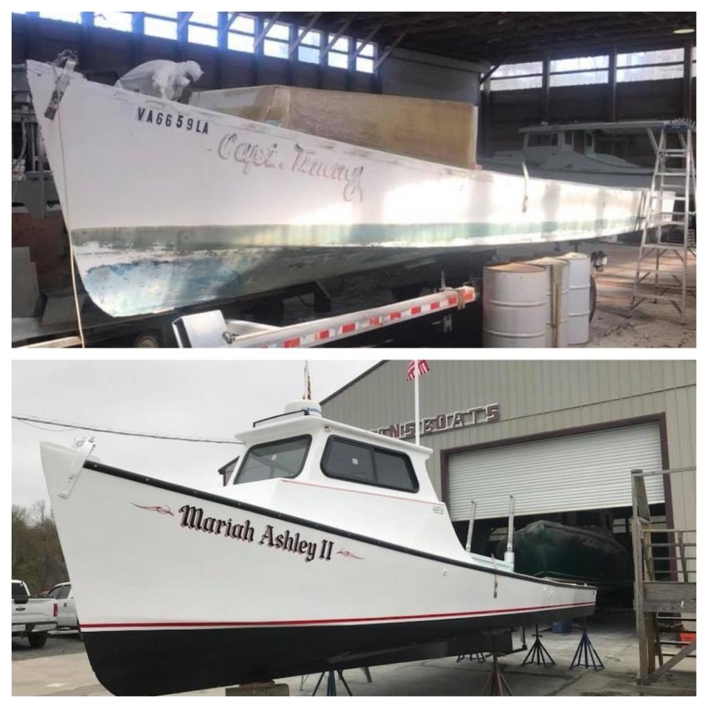 Capt. Timmay hull restoration in progress and Mariah Ashley II completed at Evans Boats