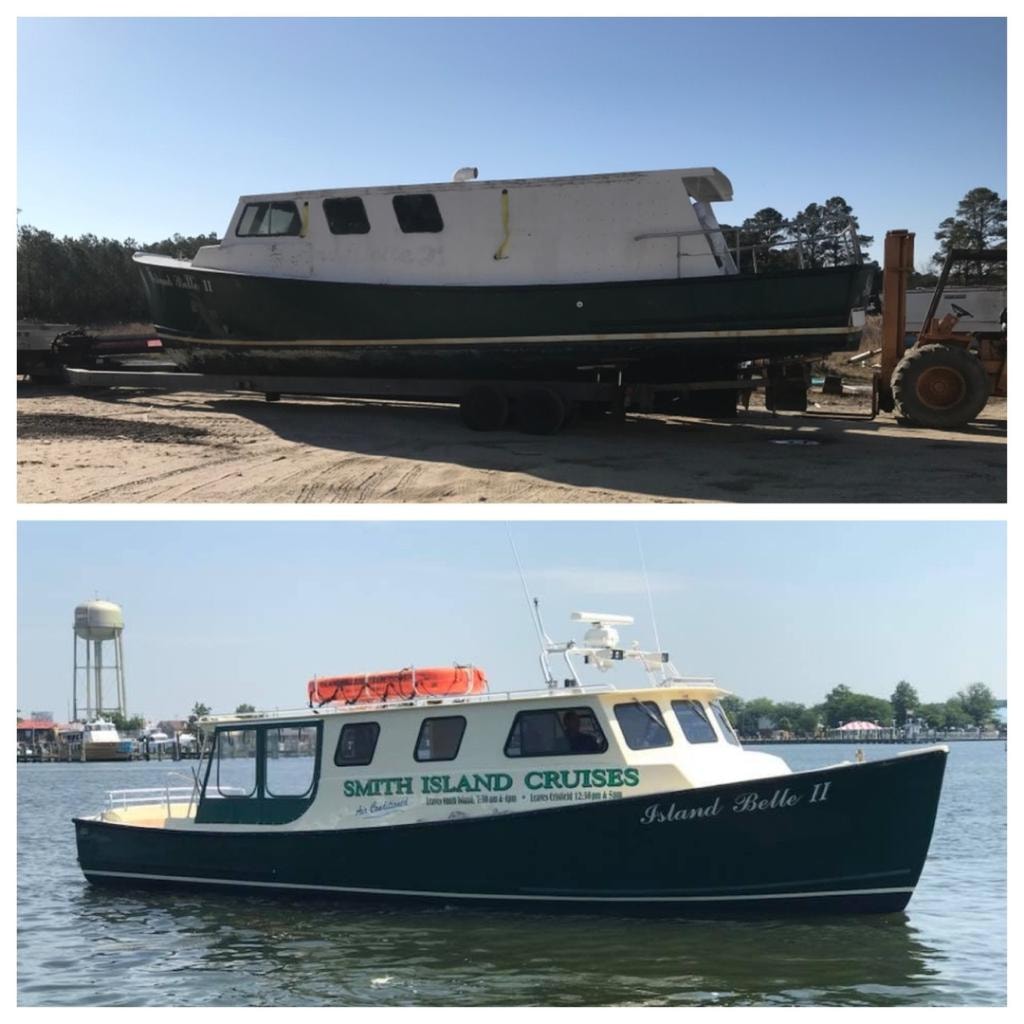 Island Belle II before and after restoration — Smith Island Cruises passenger vessel