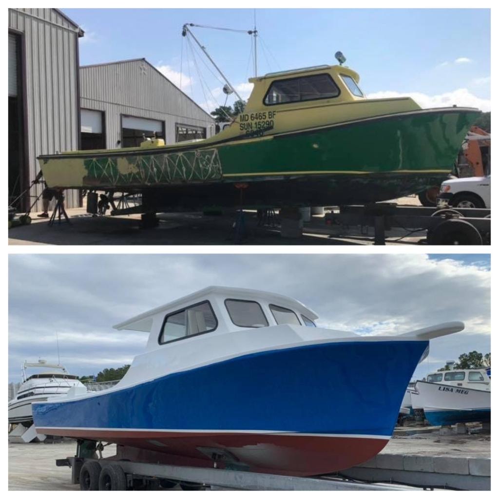 Green workboat restoration and blue cabin cruiser new construction at Evans Boats