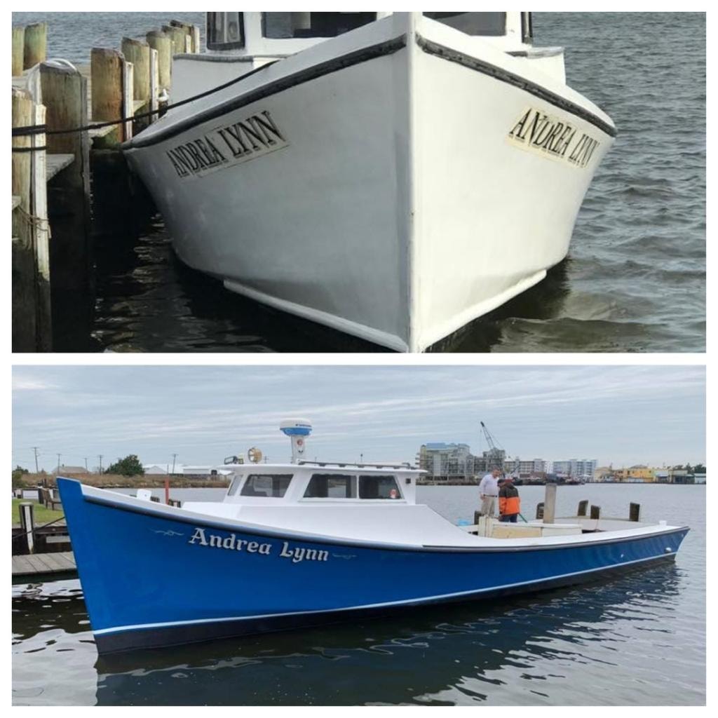 Andrea Lynn before and after — wooden hull to fiberglass restoration by Evans Boat Repair