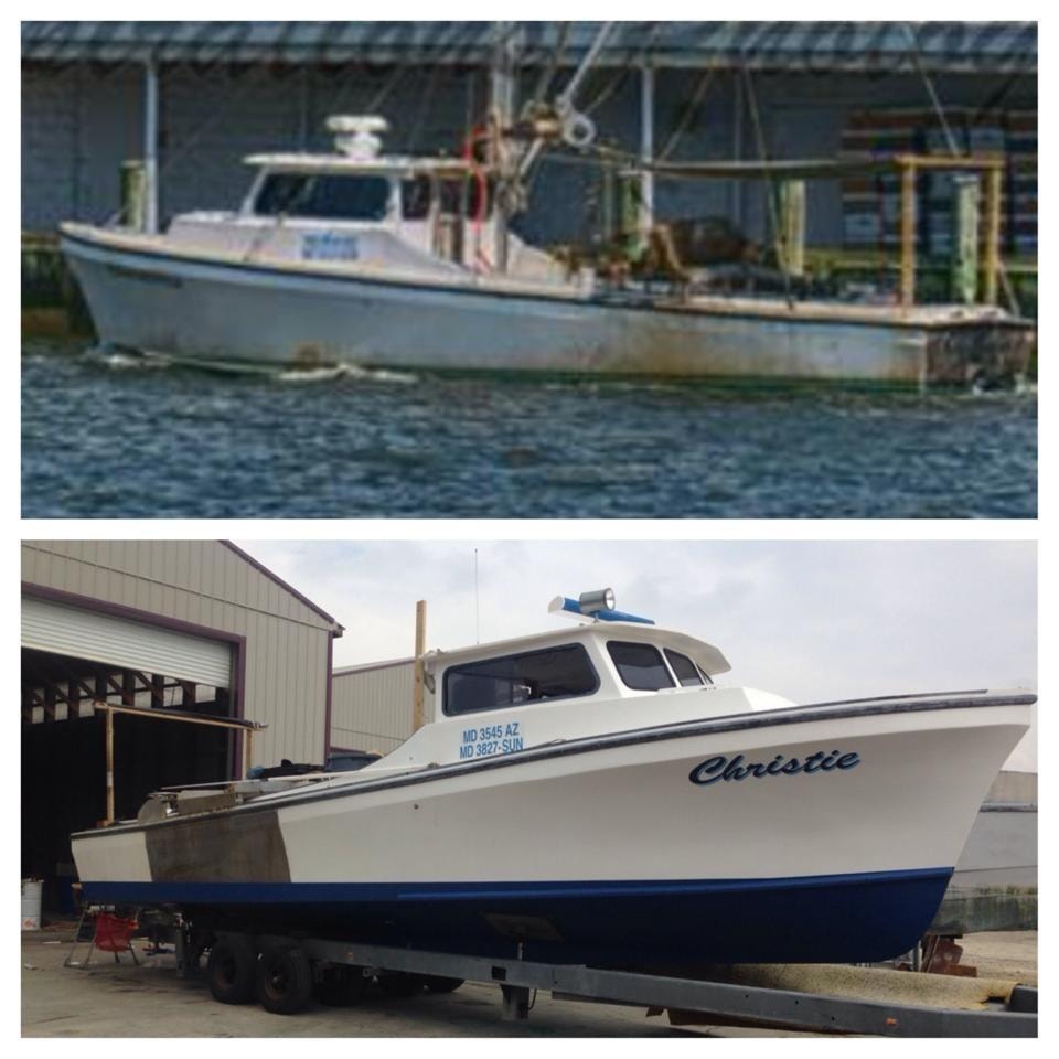 Christie — before and after restoration, white and blue cabin boat at Evans Boats