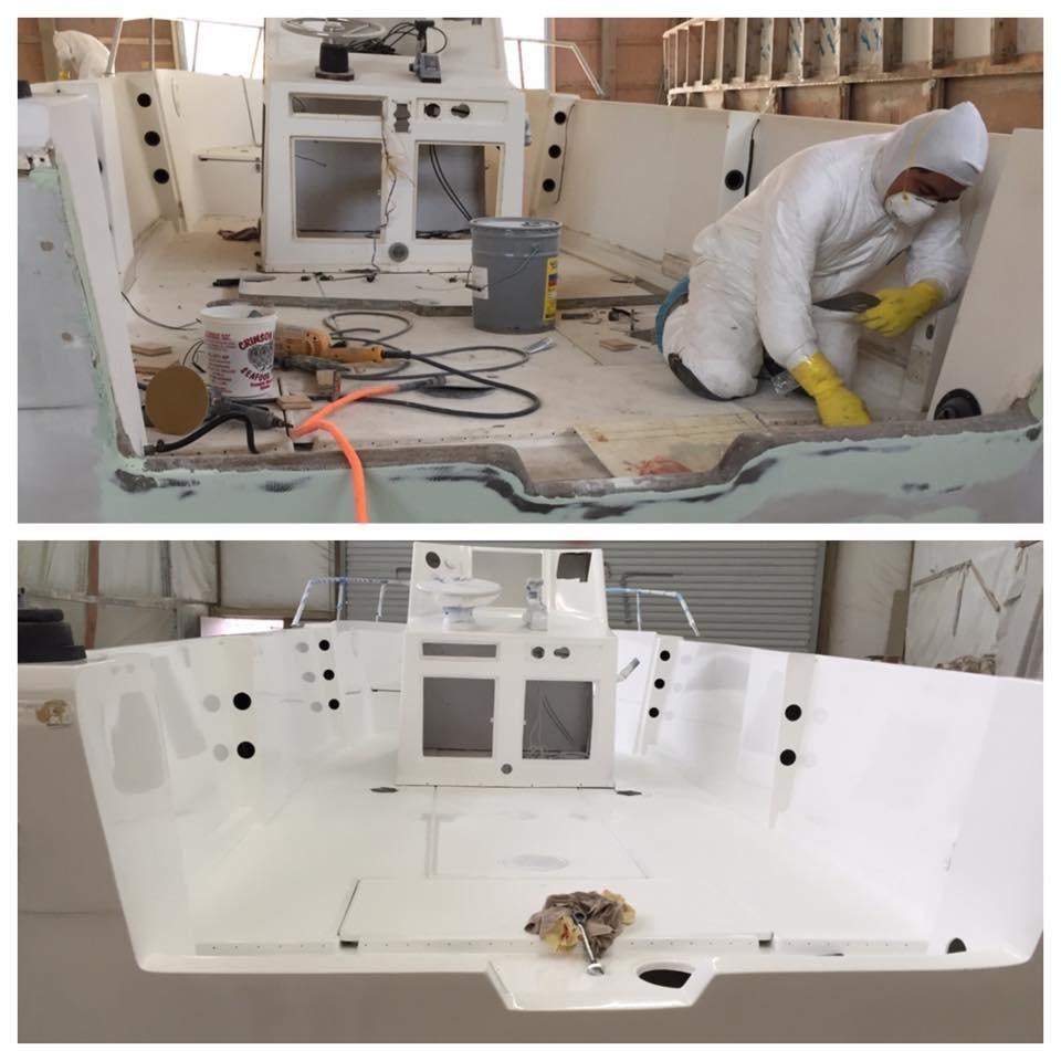 Fiberglass interior restoration — technician grinding deck and completed white cabin structure
