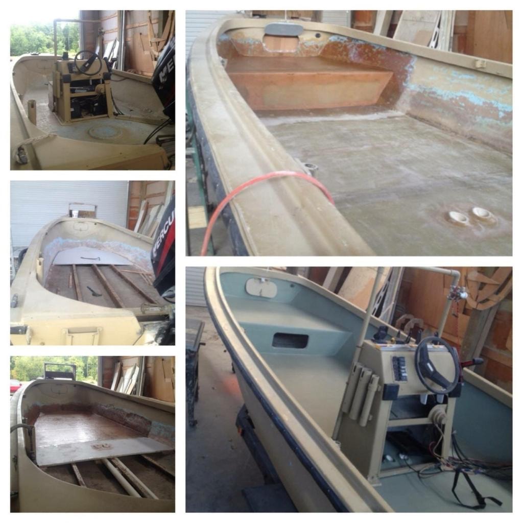Multi-photo boat restoration project — stripped interior, hull repair, and finished console