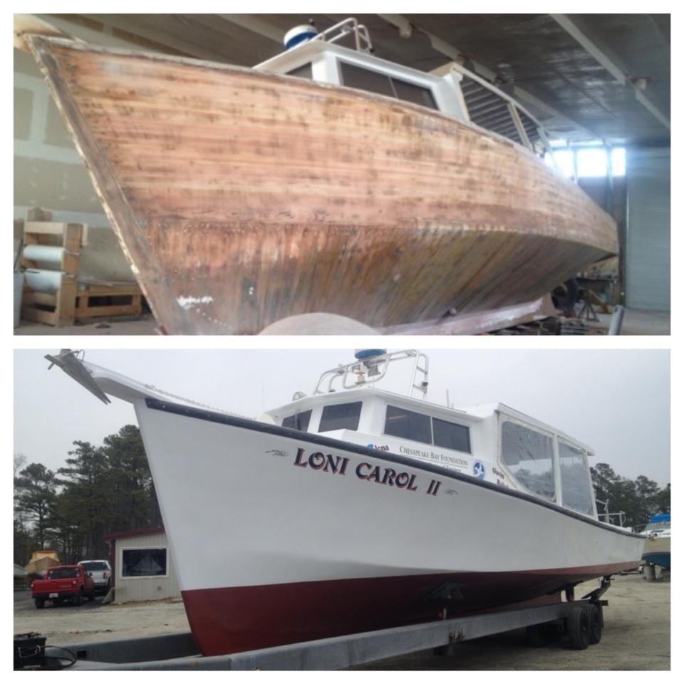 Loni Carol II — wooden hull before and after fiberglass restoration for Chesapeake Bay Foundation