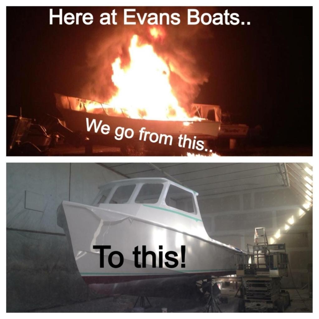 Evans Boats fire-damaged boat restored to completed cabin cruiser — from this to this