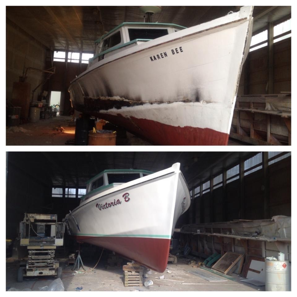 Karen Bee fire-damaged hull and Victoria B completed restoration in Evans Boats shop