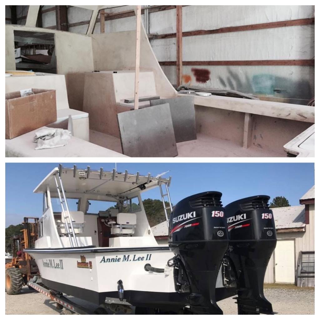 Annie M. Lee II — raw interior construction and completed twin Suzuki 150 outboard build