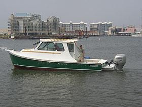 Green and white custom Evans cruiser on waterfront